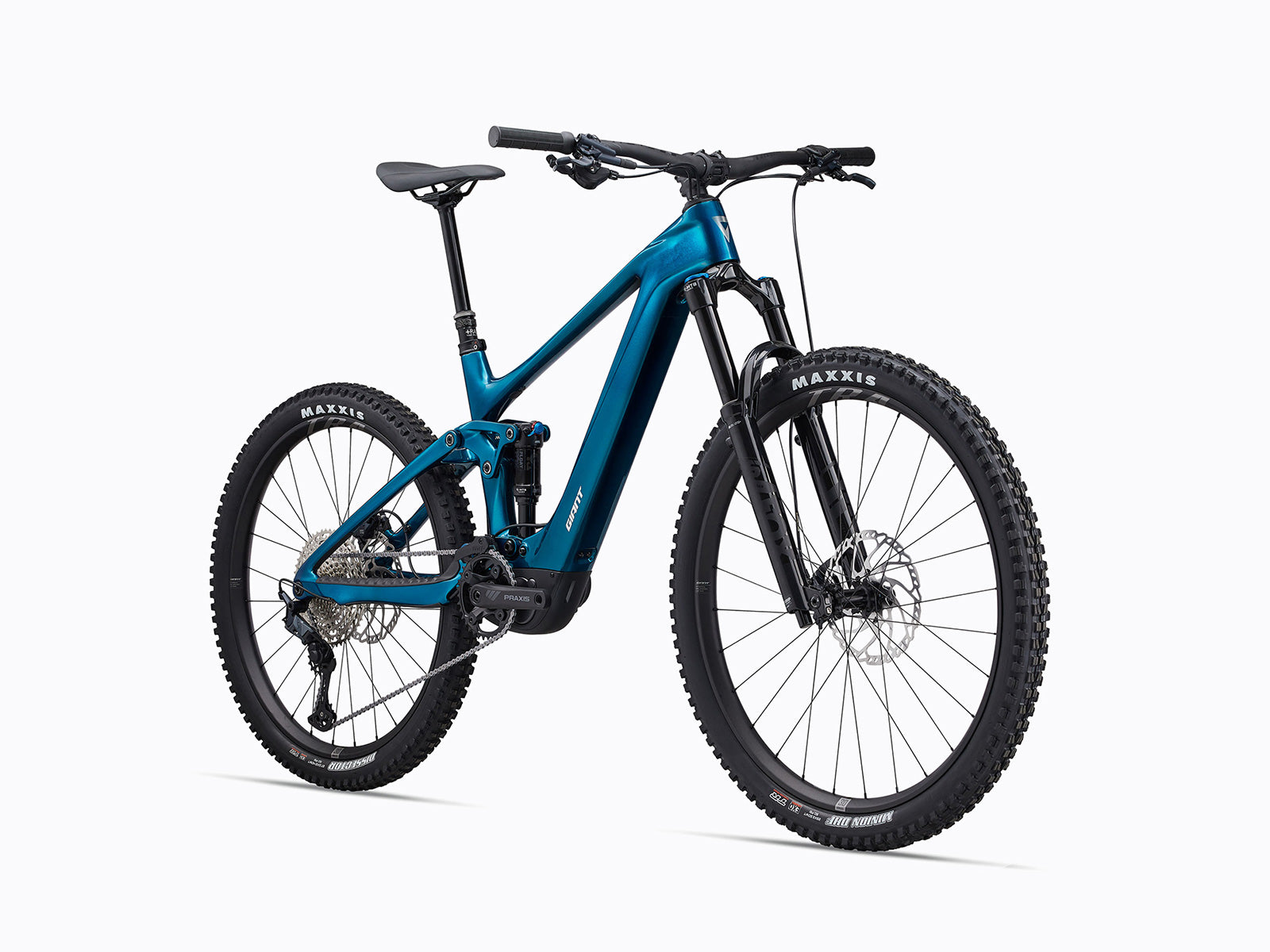 Detailed view of a bicycle with a striking blue frame, highlighting its structure and color.